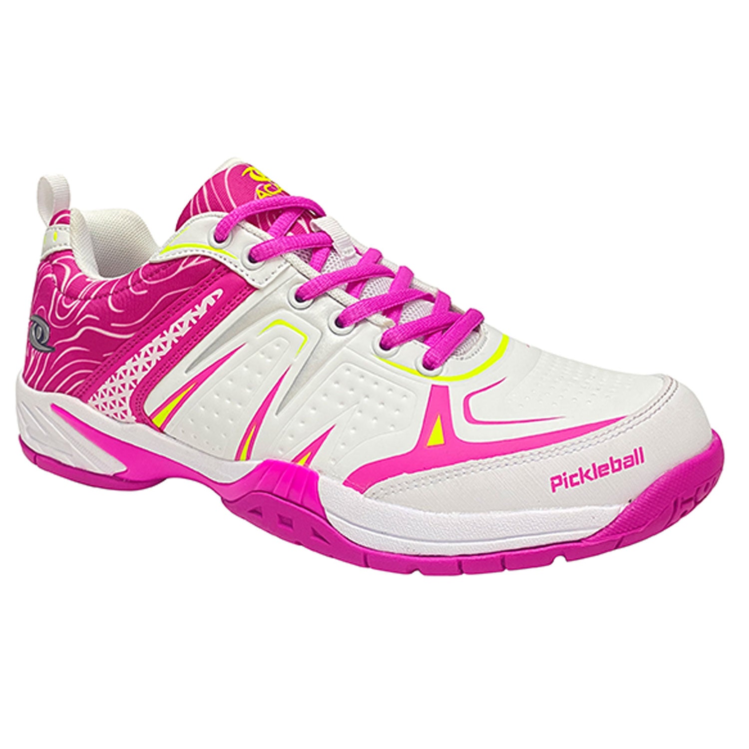 Front view of Acacia DinkShot II Pink Unisex Pickleball Shoe with Kevlar guards for toe protection
