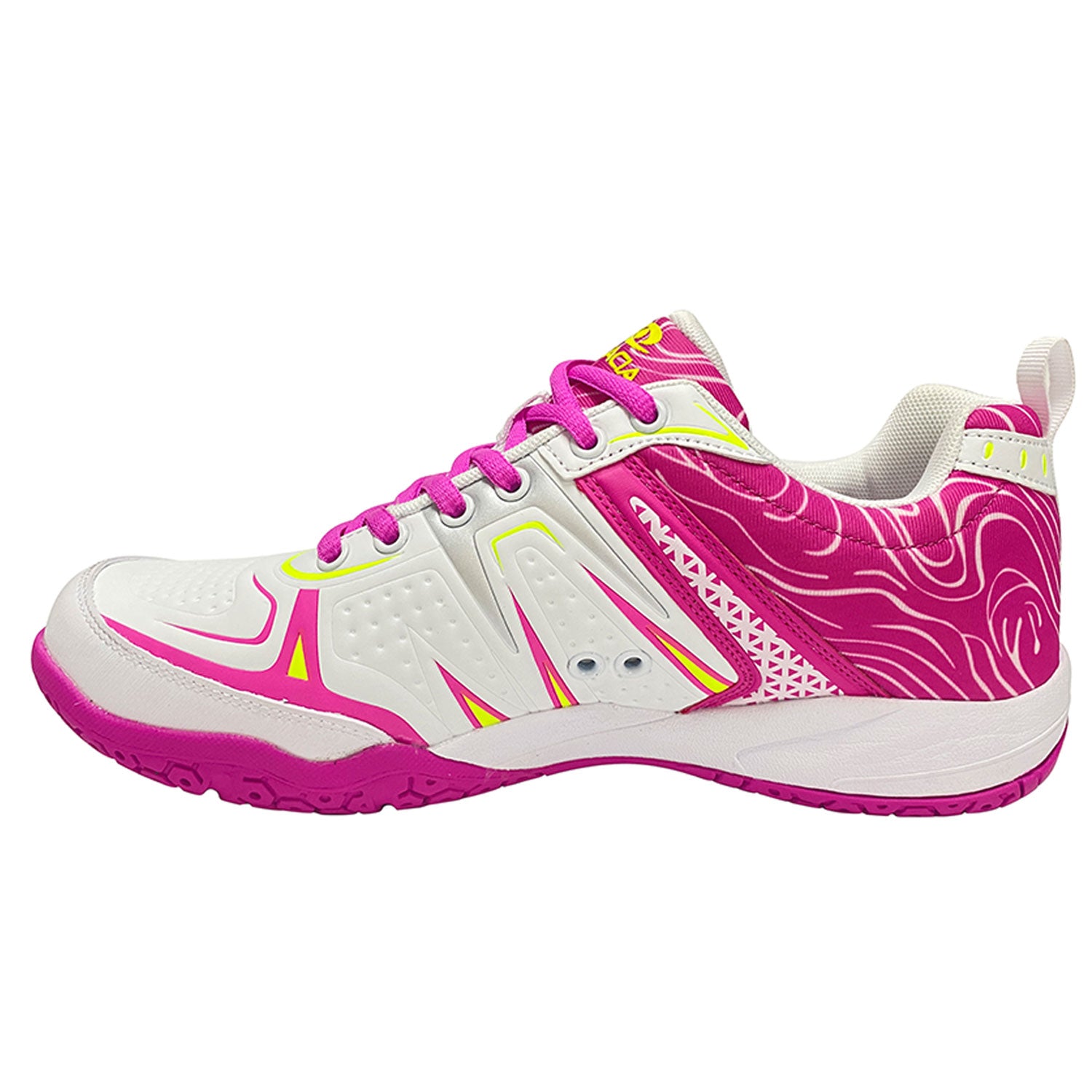 Left Side of Acacia DinkShot II Pink Pickleball Shoe featuring Kevlar toe and arch guard