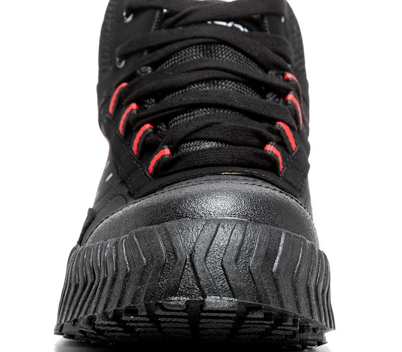 Front view of Acacia Bullet Black/Red Unisex Broomball Shoes with lace closure.