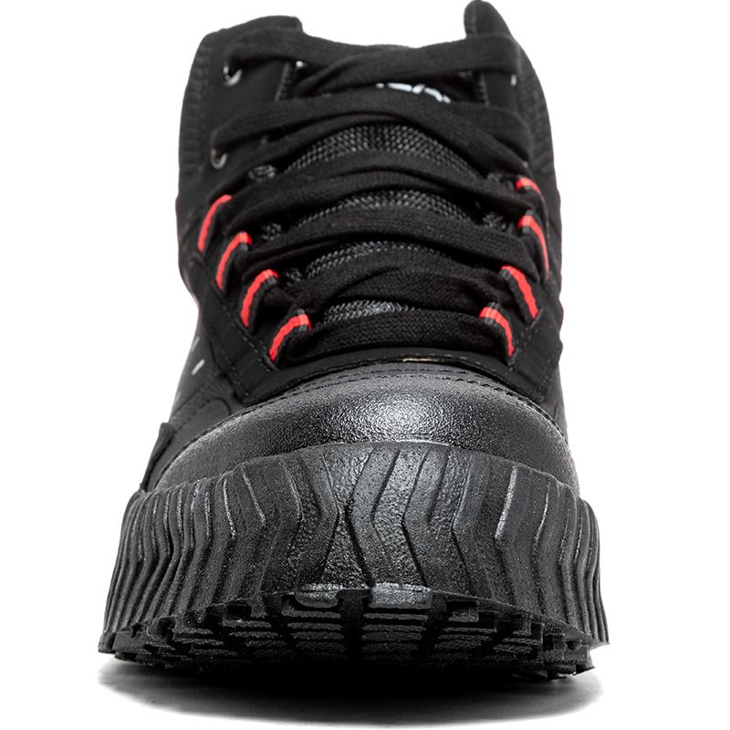 Front view of Acacia Bullet Black/Red Unisex Broomball Shoes with lace closure.