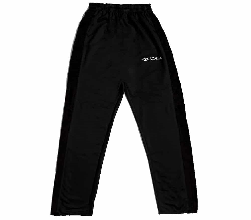 Acacia Bullet Pants Showing Elastic Waistband and Flexible Fabric Black with Black Stripe