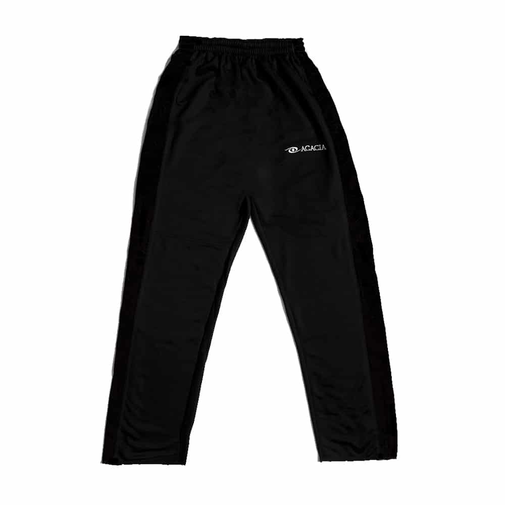 Acacia Bullet Pants Showing Elastic Waistband and Flexible Fabric Black with Black Stripe