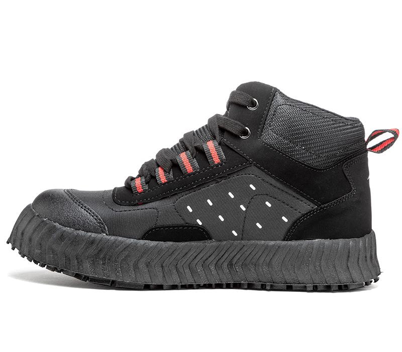 Side view of Acacia Bullet Black/Red Unisex Broomball Shoes with mid-top design.