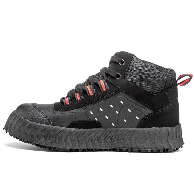 Side view of Acacia Bullet Black/Red Unisex Broomball Shoes with mid-top design.