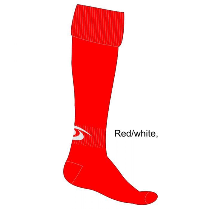 Close-up of Acacia Extreme Soccer Red/ White Socks with cushioned footbed for added support