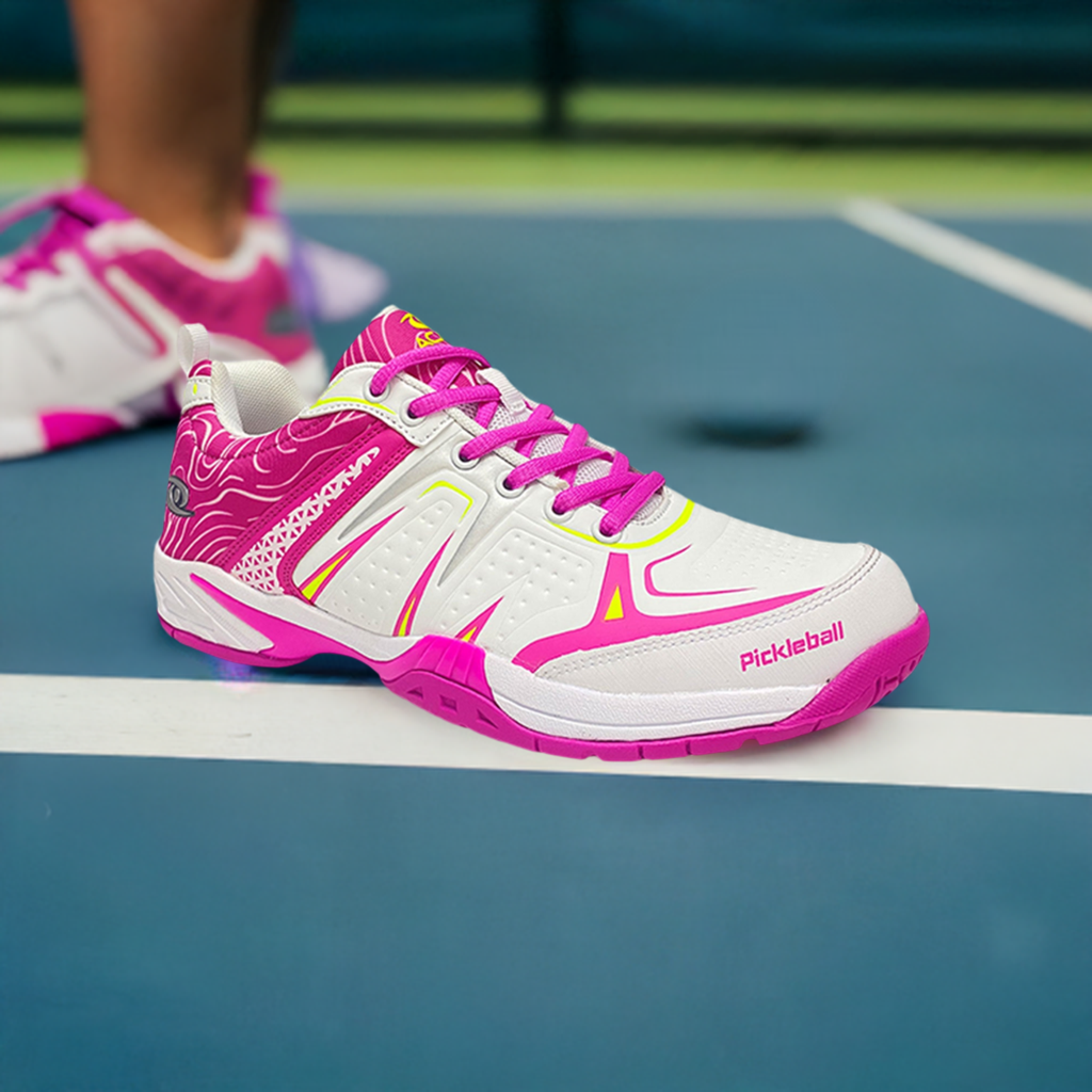 Front view in Court of Acacia DinkShot II Pink Shoe showcasing laces and breathable upper mesh