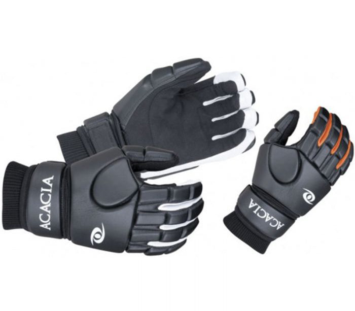 Acacia Impact Broomball Gloves in three color variations, showcasing durable construction and wrist strap design