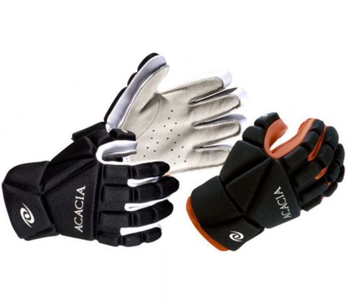 Acacia Titan Broomball Gloves in three color options, featuring padded neoprene back and secure design for advanced play