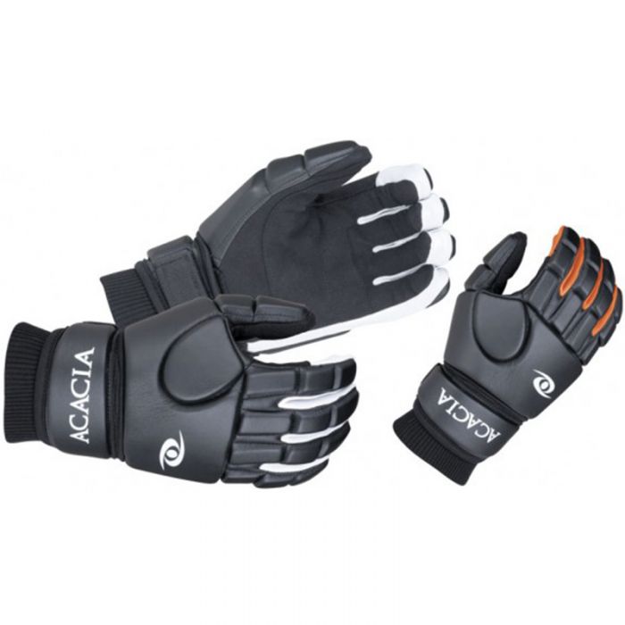 Acacia Impact Broomball Gloves in three color variations, showcasing durable construction and wrist strap design