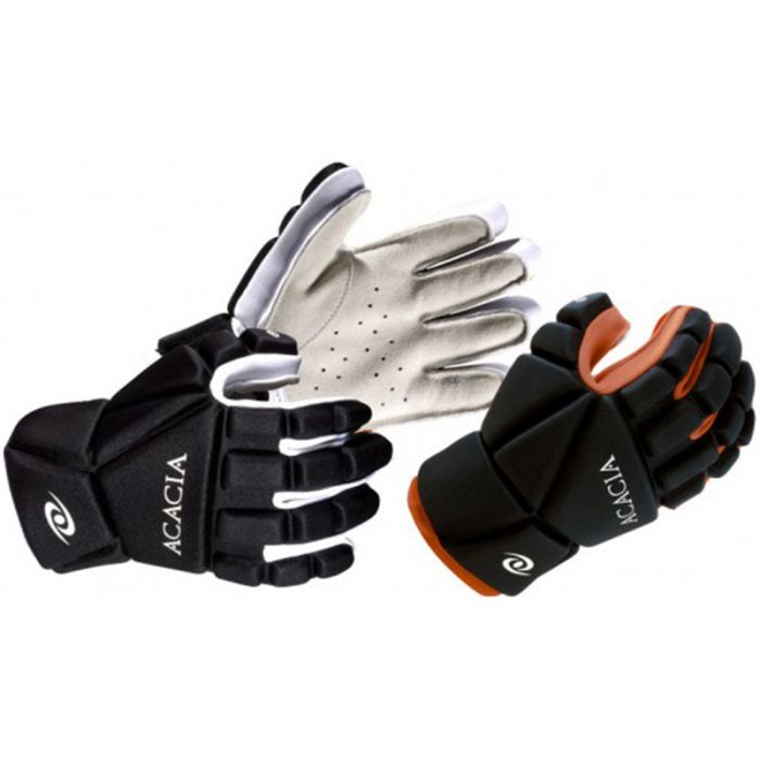 Acacia Titan Broomball Gloves in three color options, featuring padded neoprene back and secure design for advanced play